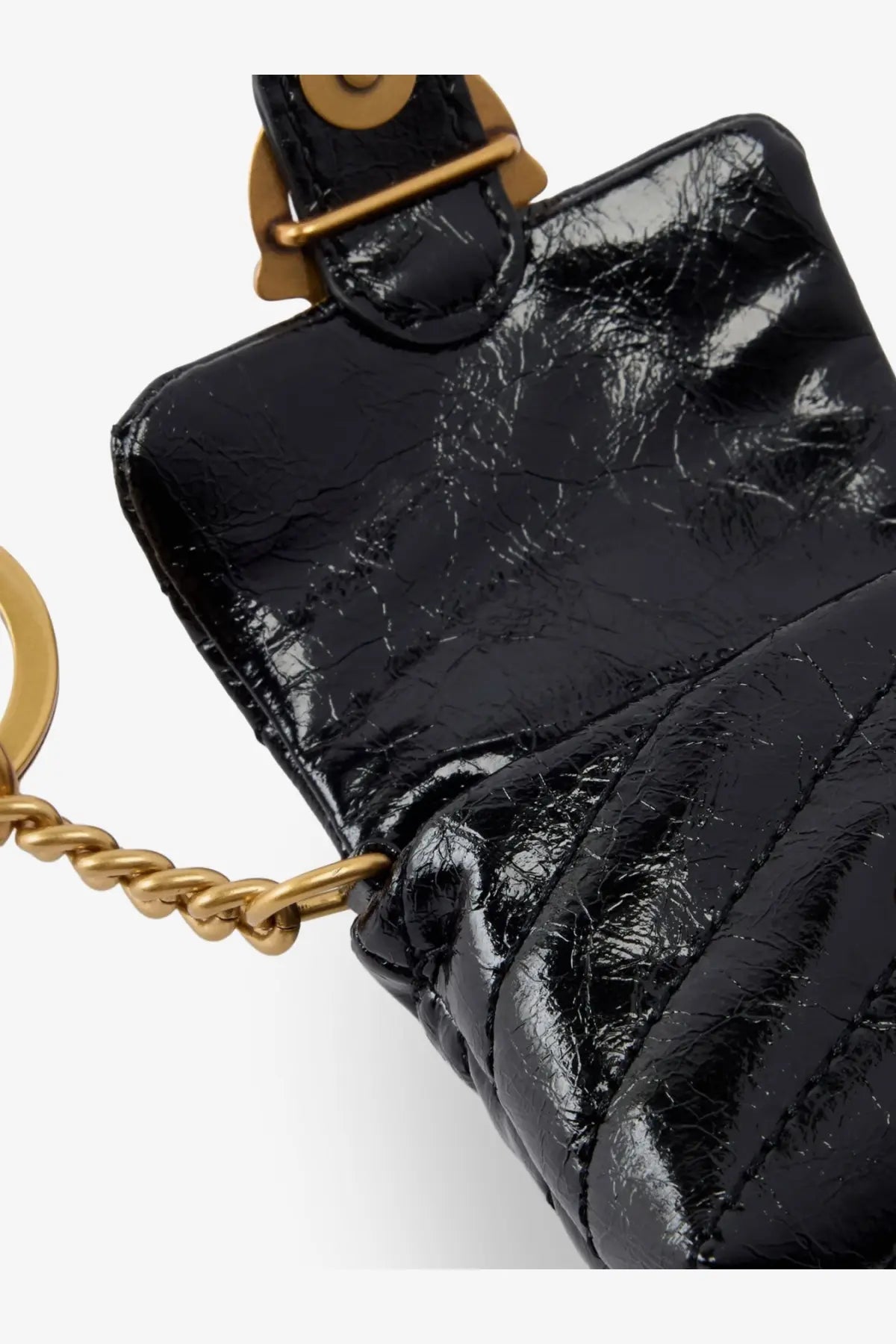 Pinko women’s black leather AirPods case with quilted patent leather, gold-tone hardware, and chain strap mini bag style