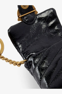 Pinko women’s black leather AirPods case with quilted patent leather, gold-tone hardware, and chain strap mini bag style