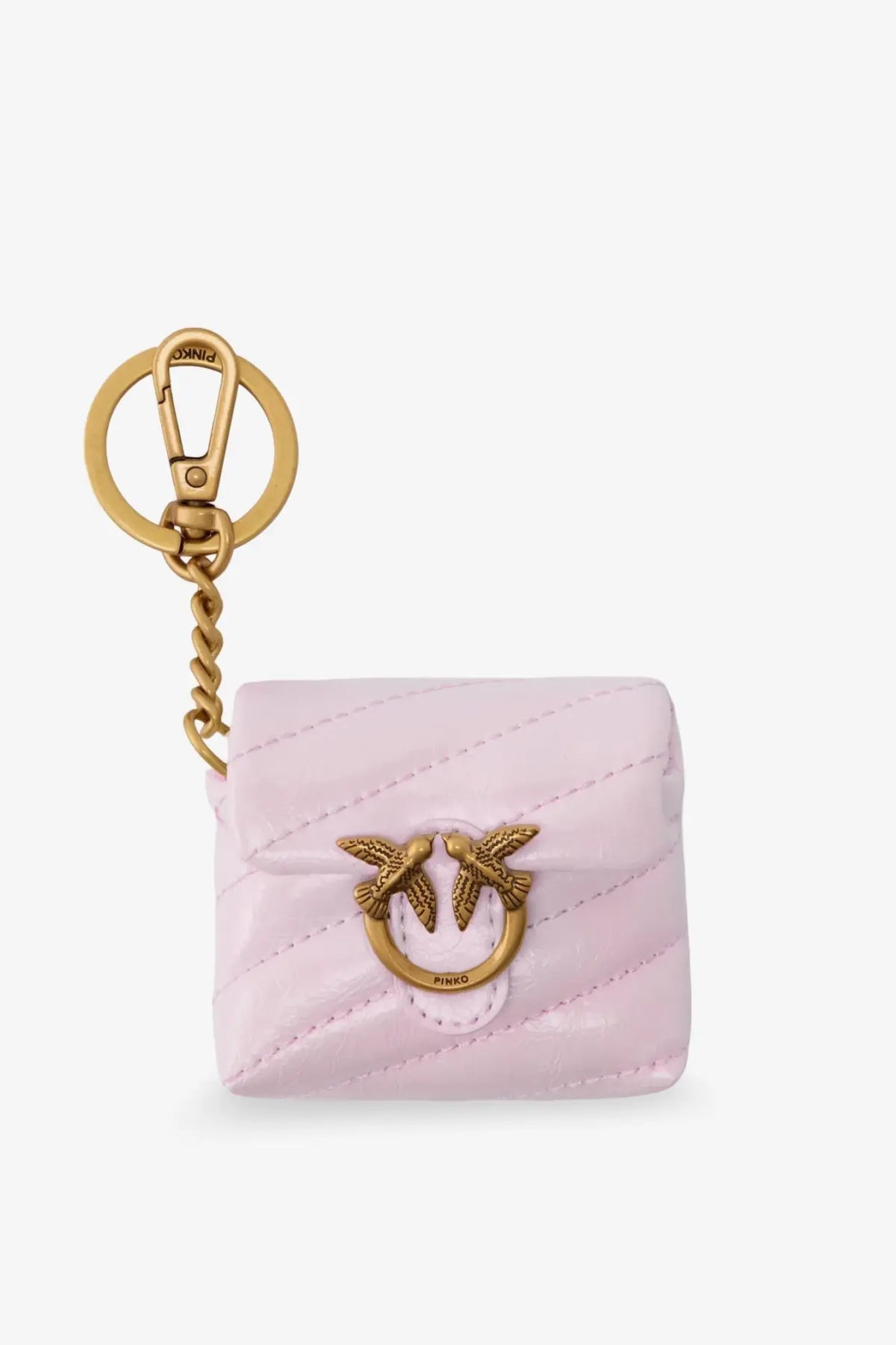 Pinko womens leather airpods case in pink with quilted design gold-tone birds keychain and ring clasp