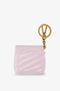 Pinko women’s leather AirPods case in soft pink quilted leather with gold-tone metal ring and chain keychain pouch