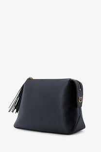 Pinko women’s leather beauty case black with black leather clutch gold-tone zipper and tassel detail visible
