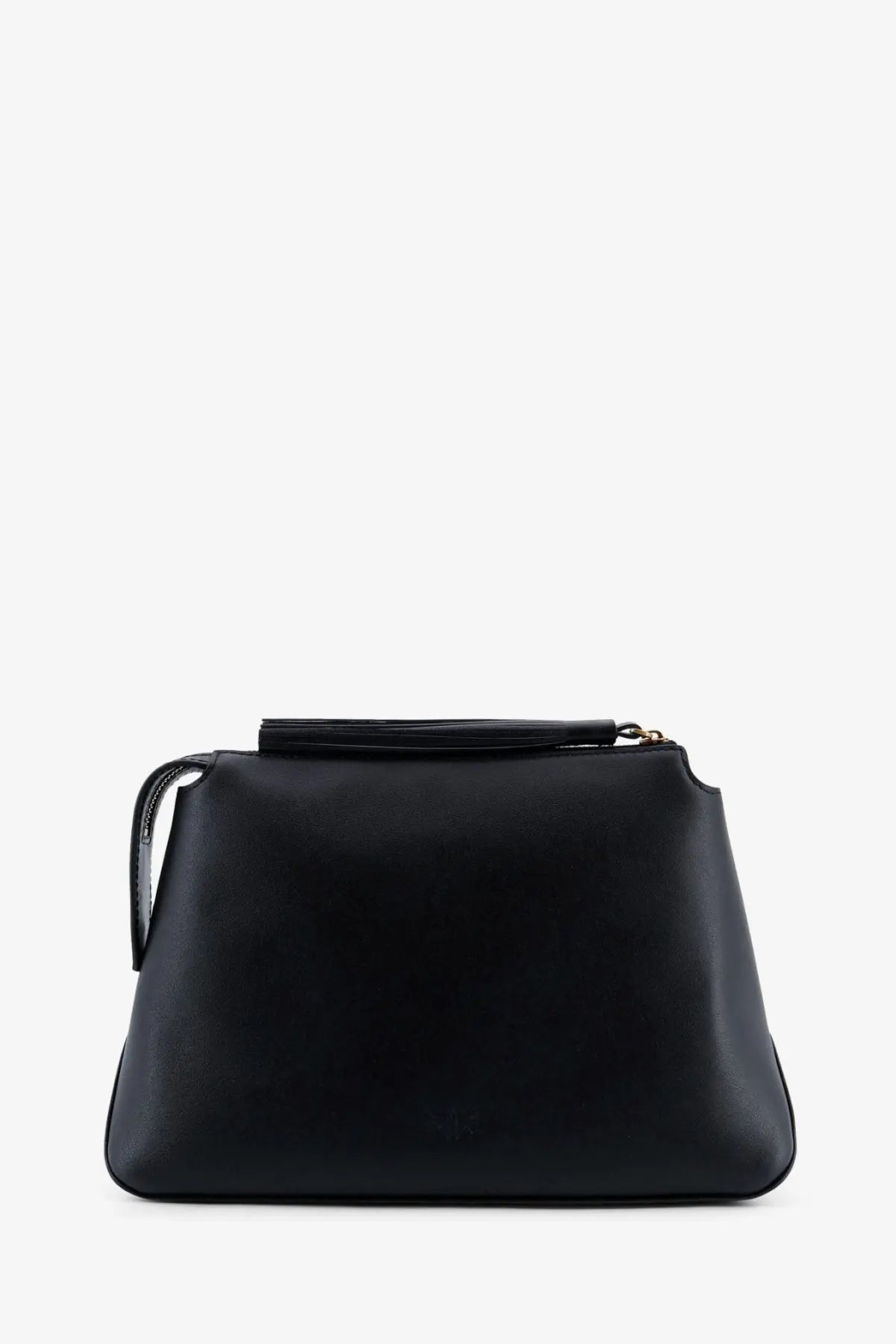 Pinko women’s black leather clutch with tassel top handle and gold-tone zipper for stylish beauty case use
