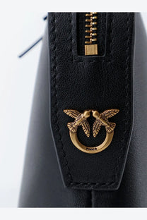 Pinko women’s black leather beauty case handbag with gold metal clasp featuring interlocking birds and Pinko engraving