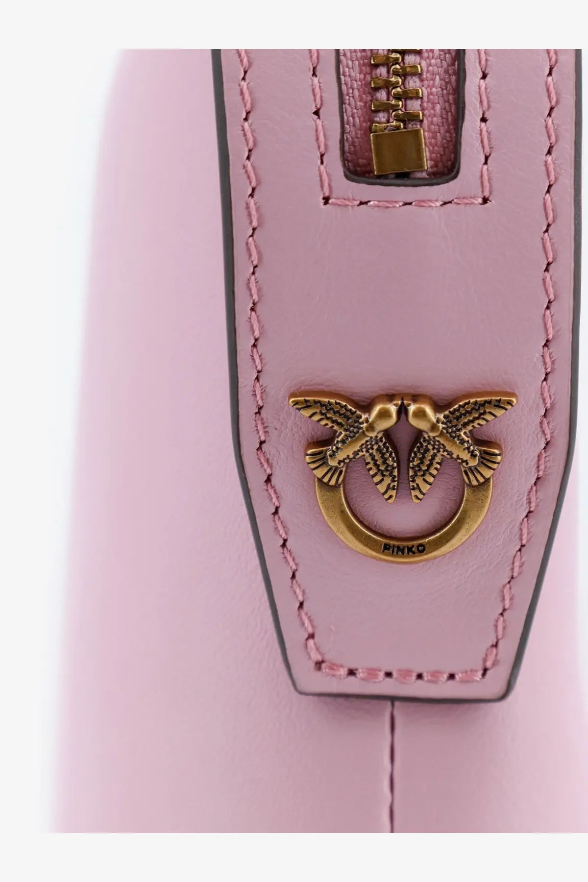 Pinko women’s leather beauty case pink handbag with gold-tone bird clasp and zipper pull