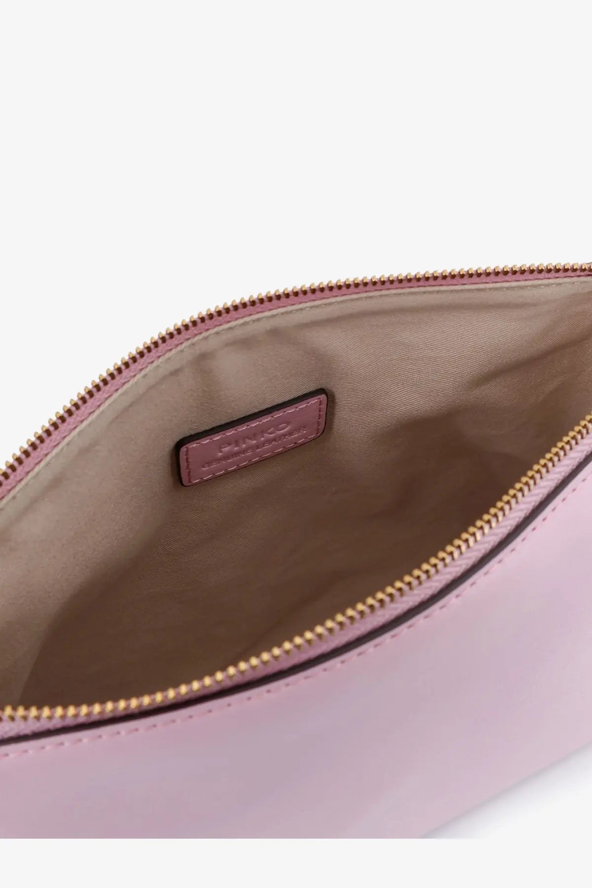 Pinko women’s leather beauty case pink soft pink leather clutch with gold-toned zipper and matching brand tag inside