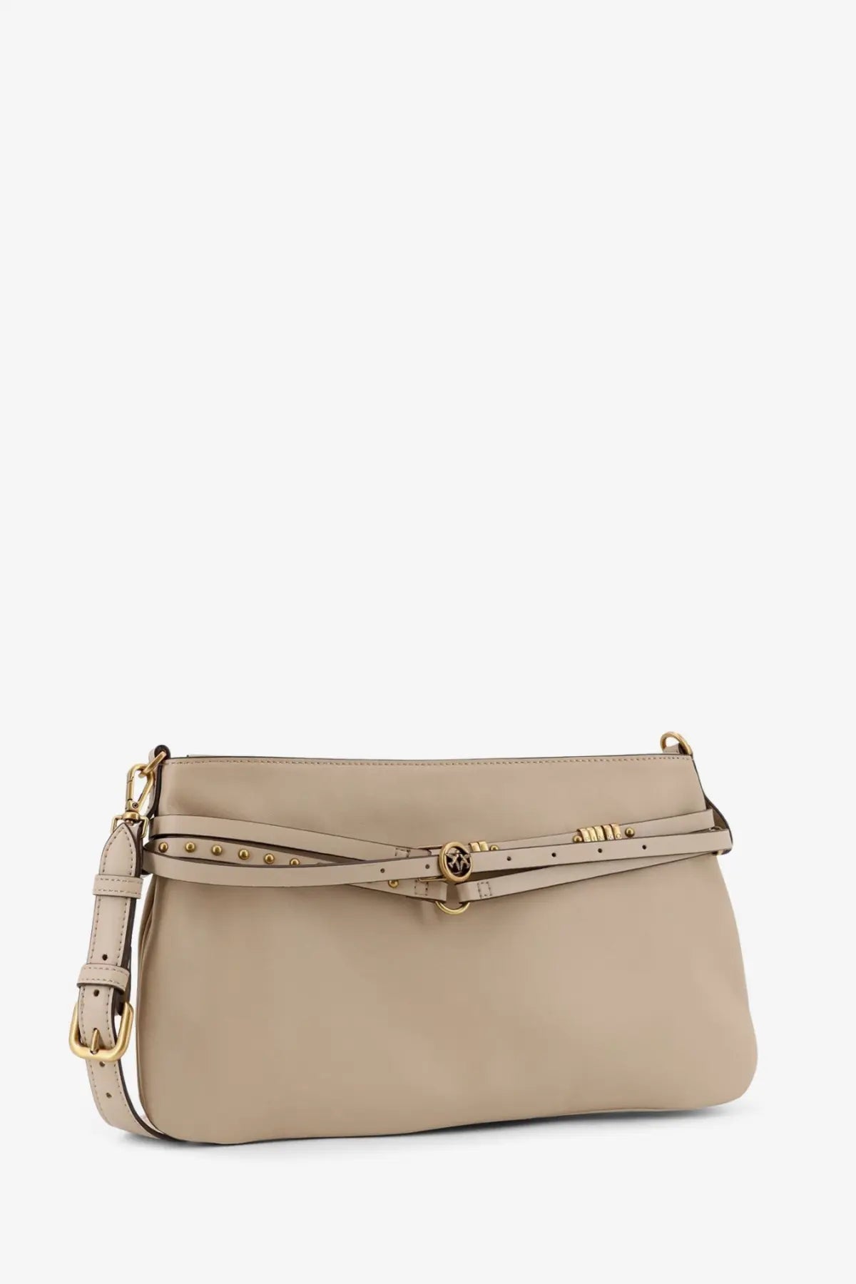 Beige leather crossbody clutch with gold-tone hardware and studded belt detail by pinko women’s leather belt bag