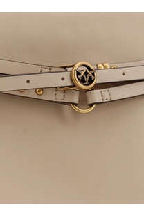 A cream-colored leather belt with a gold-toned circular embossed logo buckle from pinko women’s crossbody bag