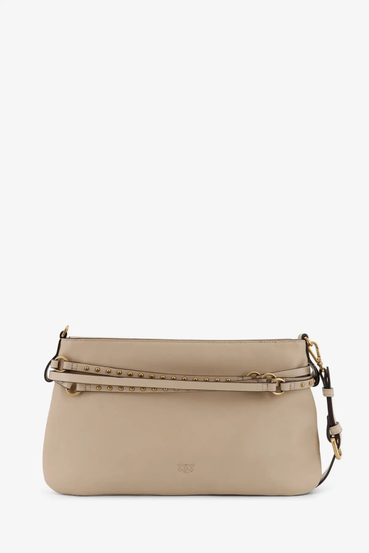 Pinko women’s beige leather crossbody belt bag with gold-tone studs and hardware for stylish hands-free carry