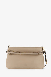 Pinko women’s beige leather crossbody belt bag with gold-tone studs and hardware for stylish hands-free carry