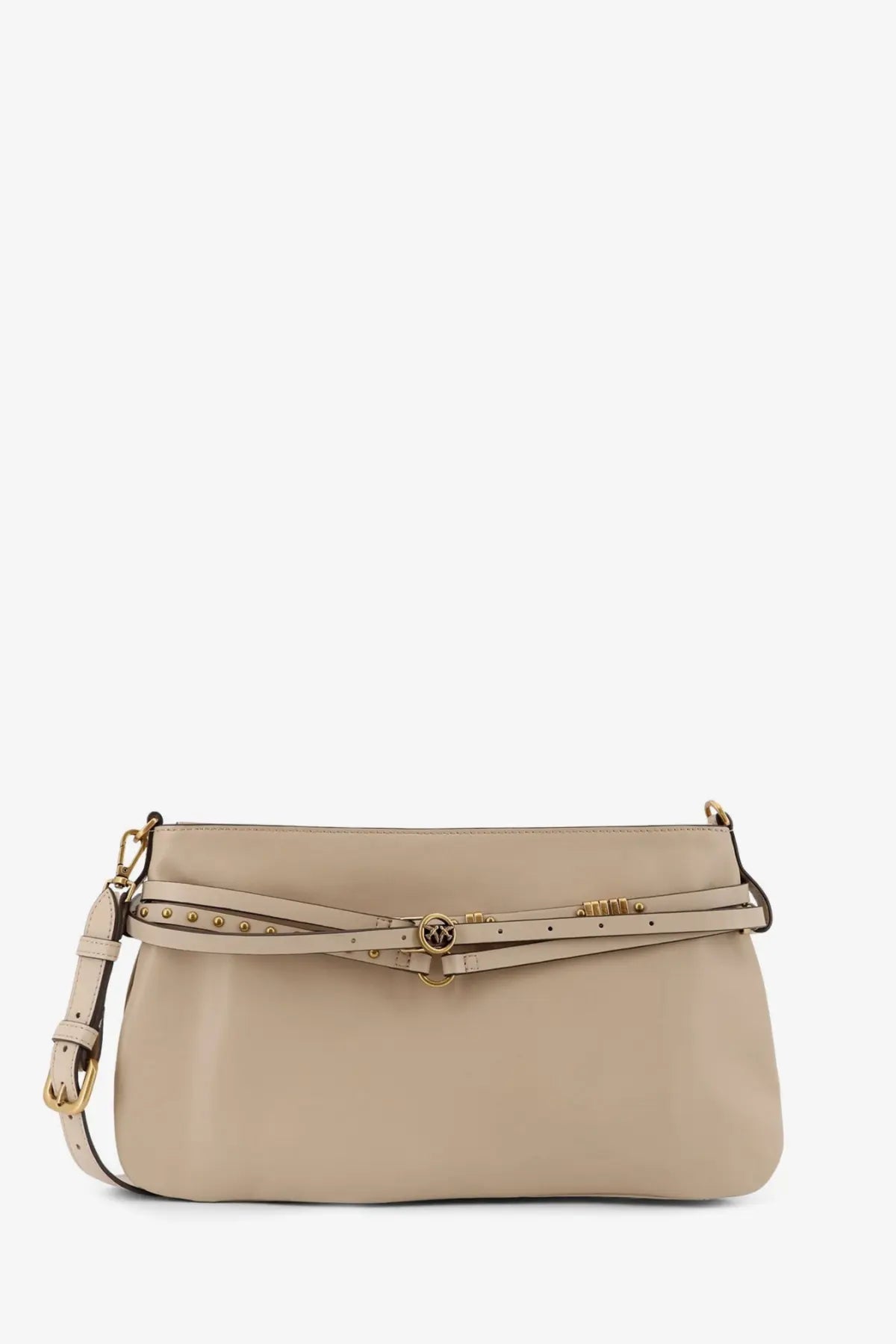 Pinko women’s beige leather crossbody belt bag with gold-tone hardware and studded strap details
