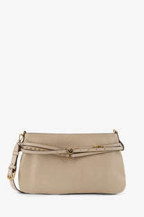 Pinko women’s beige leather crossbody belt bag with gold-tone hardware and studded strap details