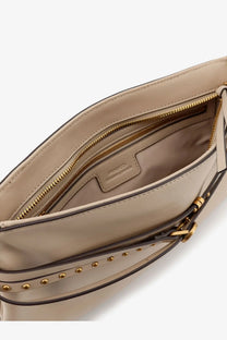 Beige leather crossbody bag by Pinko with gold-tone studs and zipper accents perfect for casual use