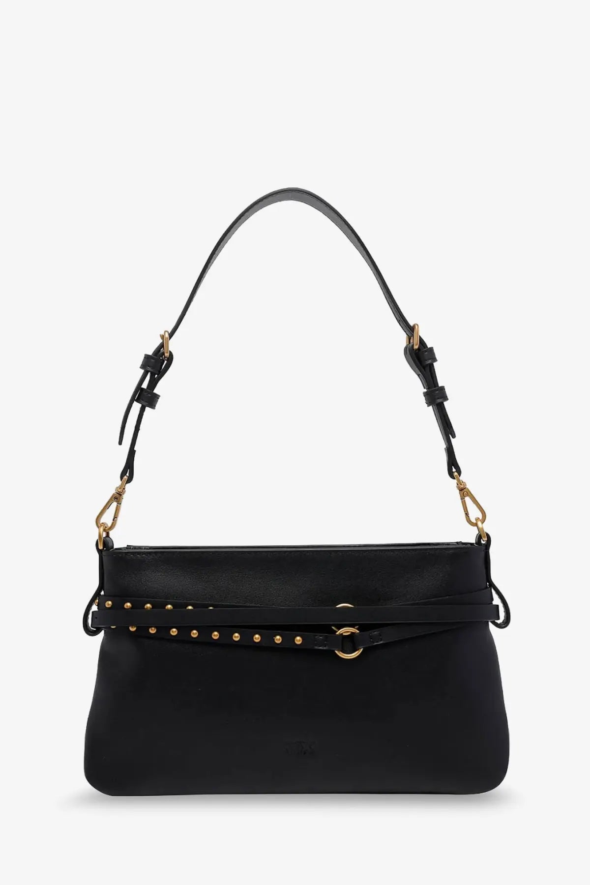Pinko women’s black leather crossbody belt bag with gold-tone studs and hardware for hands-free use