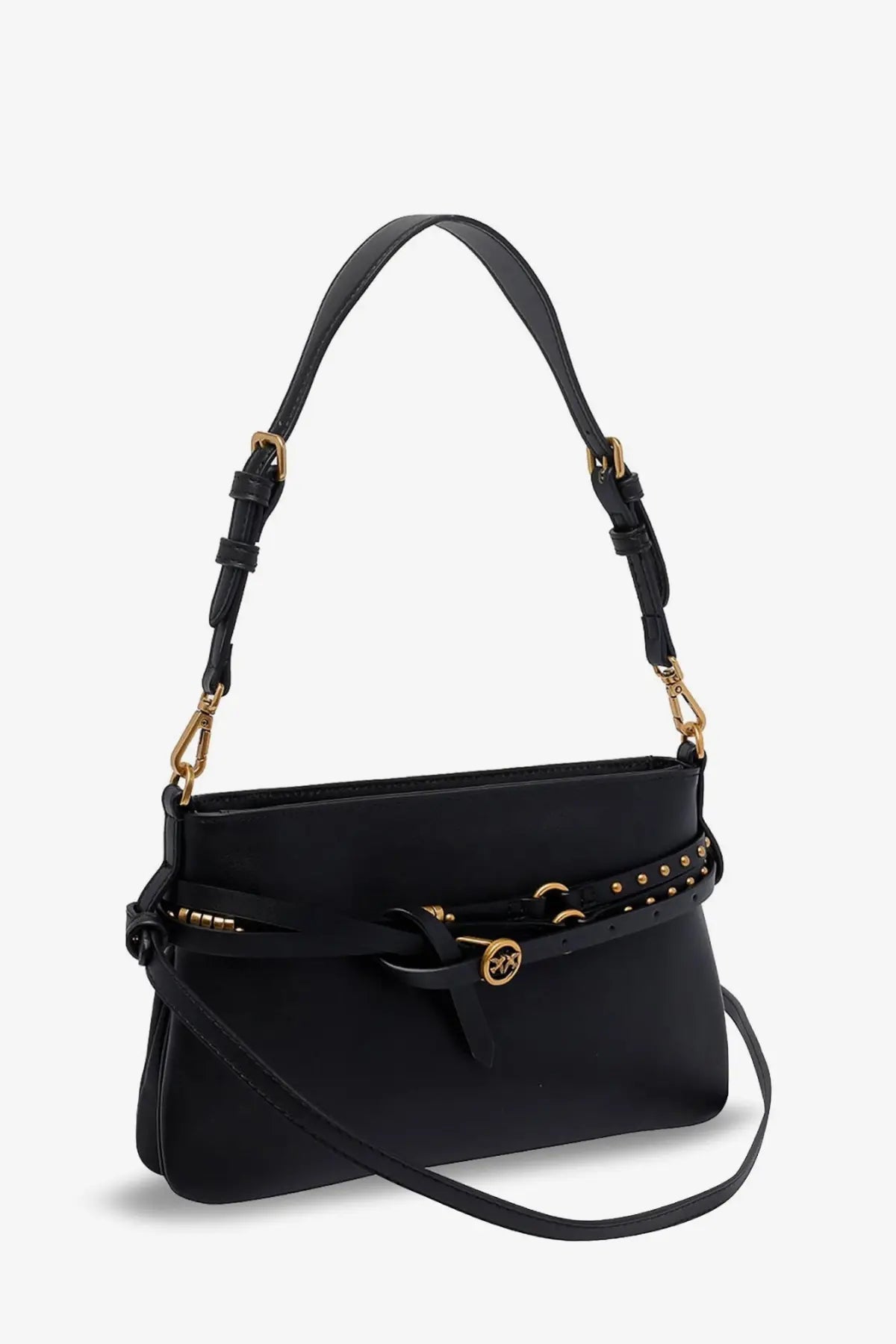 Pinko women’s black leather crossbody belt bag with gold-tone hardware and studded belt detail