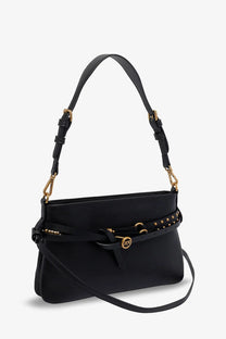Pinko women’s black leather crossbody belt bag with gold-tone hardware and studded belt detail