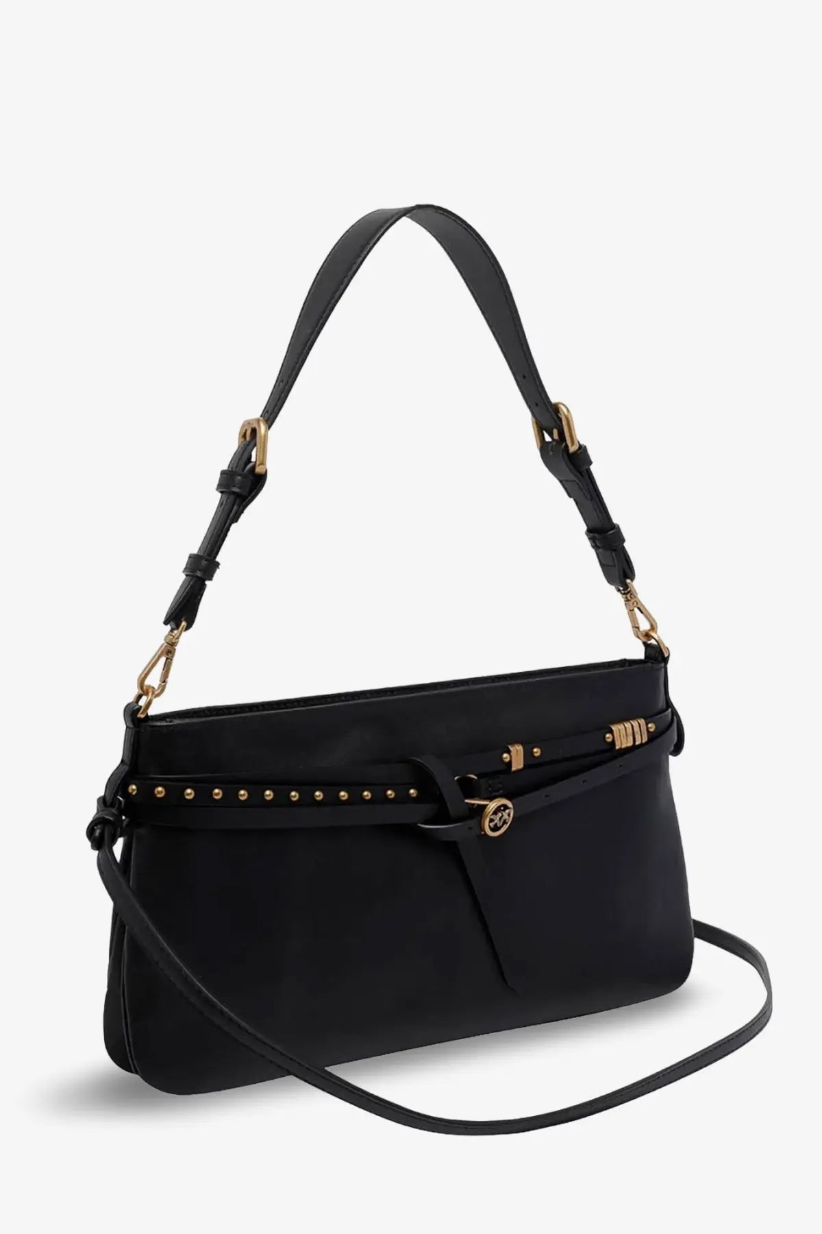 Pinko women’s black leather belt bag crossbody with gold-tone hardware and studded accents