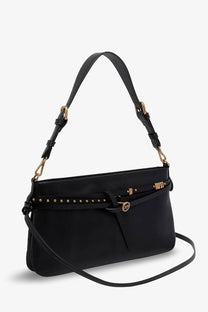 Pinko women’s black leather belt bag crossbody with gold-tone hardware and studded accents