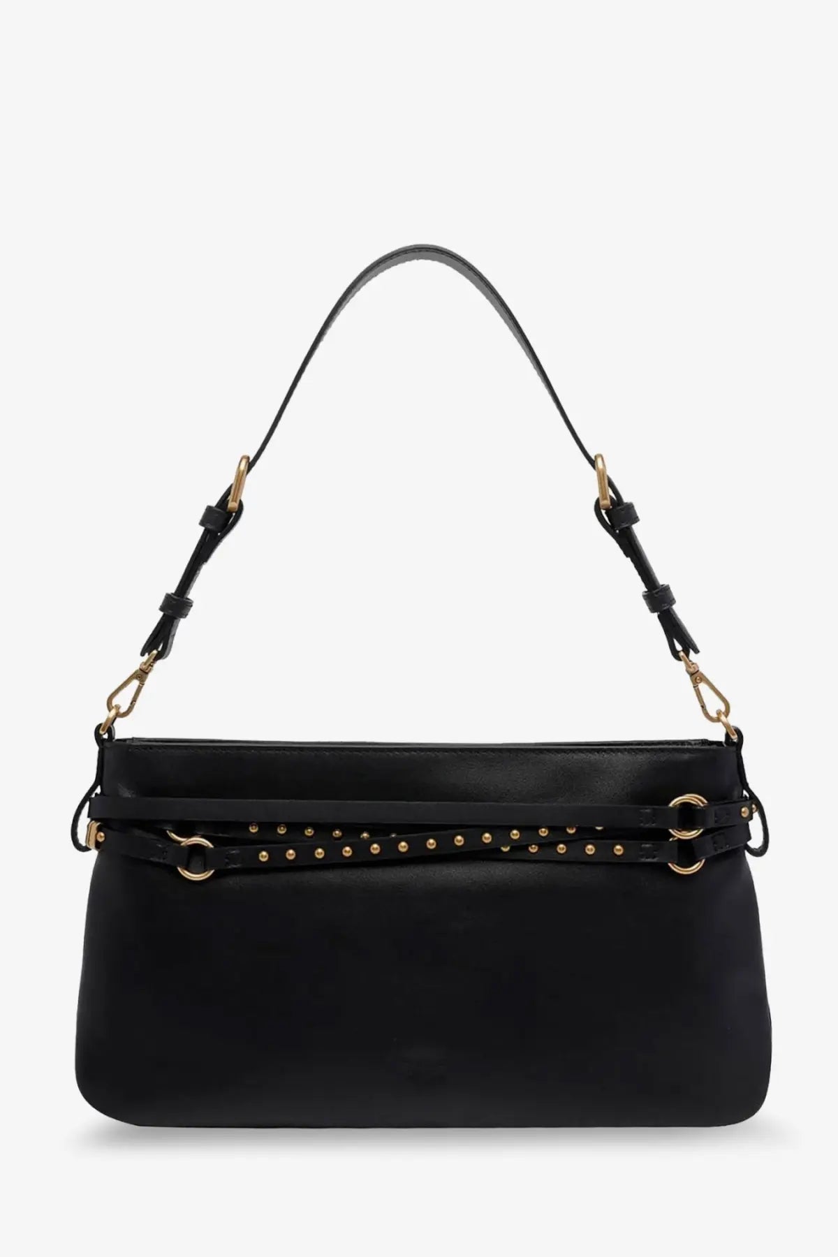 Pinko women’s black leather shoulder bag with gold-tone studs and hardware for stylish crossbody use