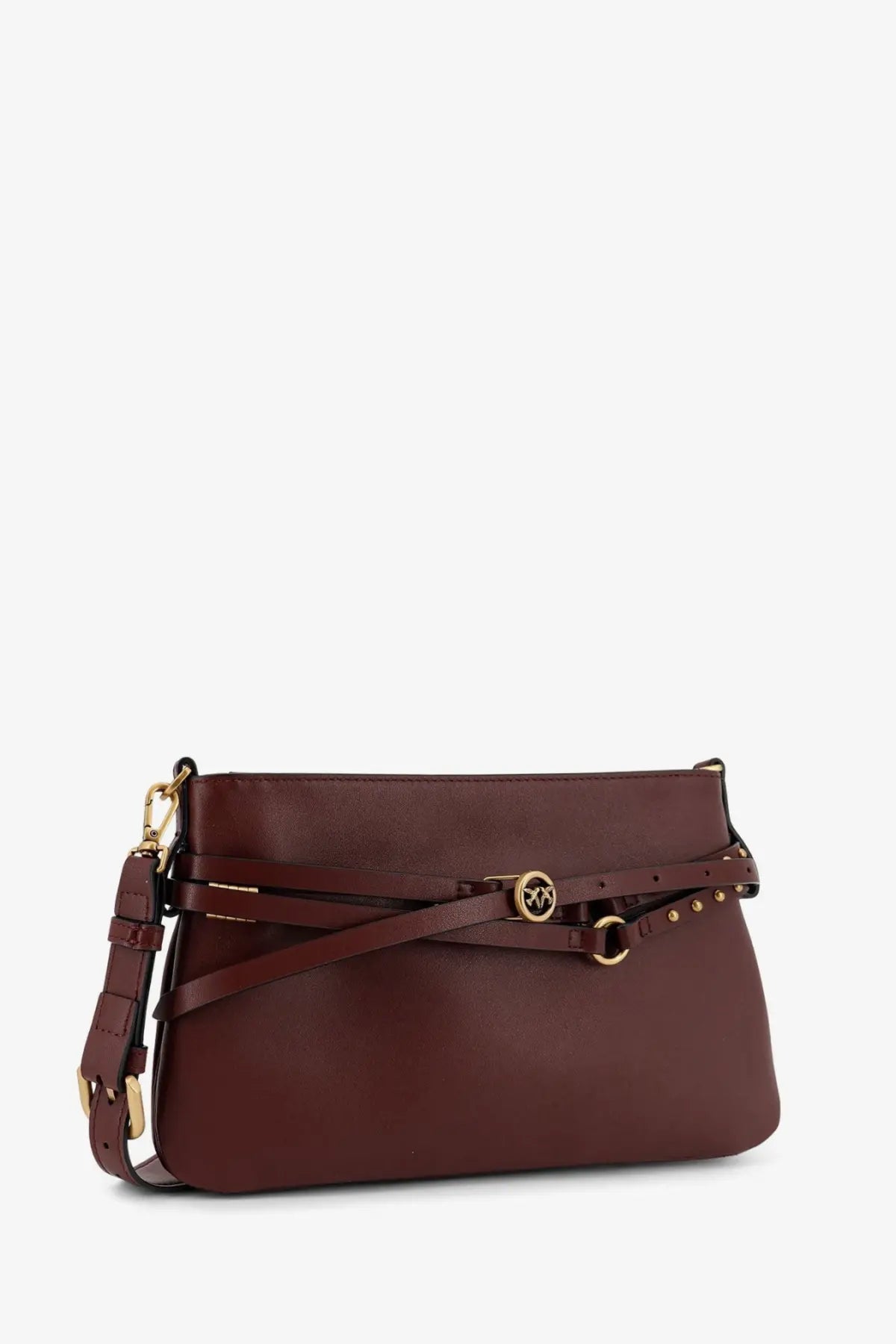 Pinko women’s red leather belt bag with burgundy leather clutch style gold-tone hardware and studded belt detail