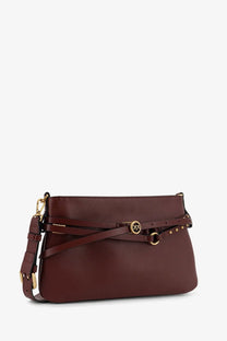 Pinko women’s red leather belt bag with burgundy leather clutch style gold-tone hardware and studded belt detail