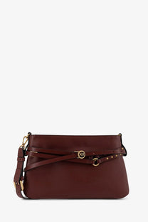Pinko women’s burgundy leather crossbody bag with gold-tone hardware and distinctive logo clasp shoulder bag red