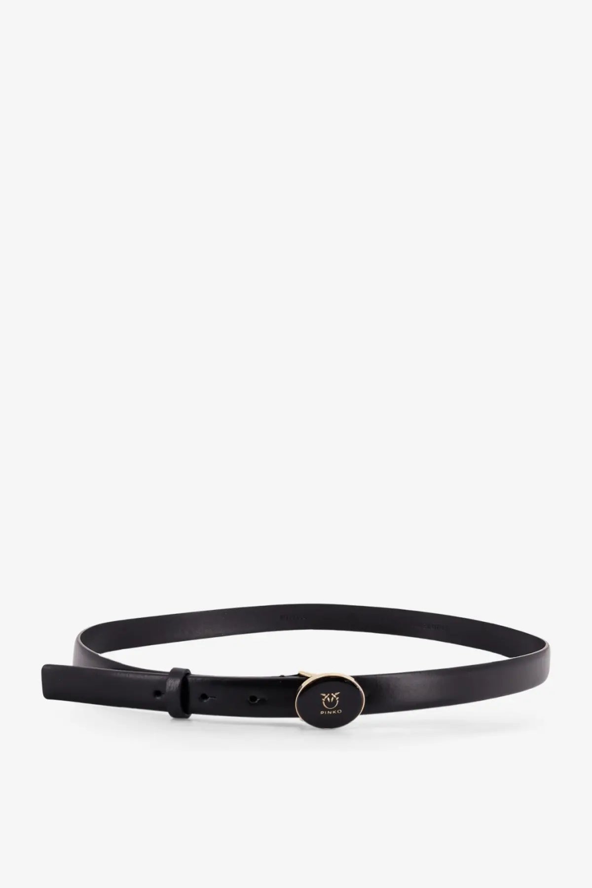 Pinko womens leather belt in black with a circular gold toned buckle featuring the pinko logo