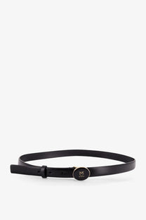 Pinko womens leather belt in black with a circular gold toned buckle featuring the pinko logo