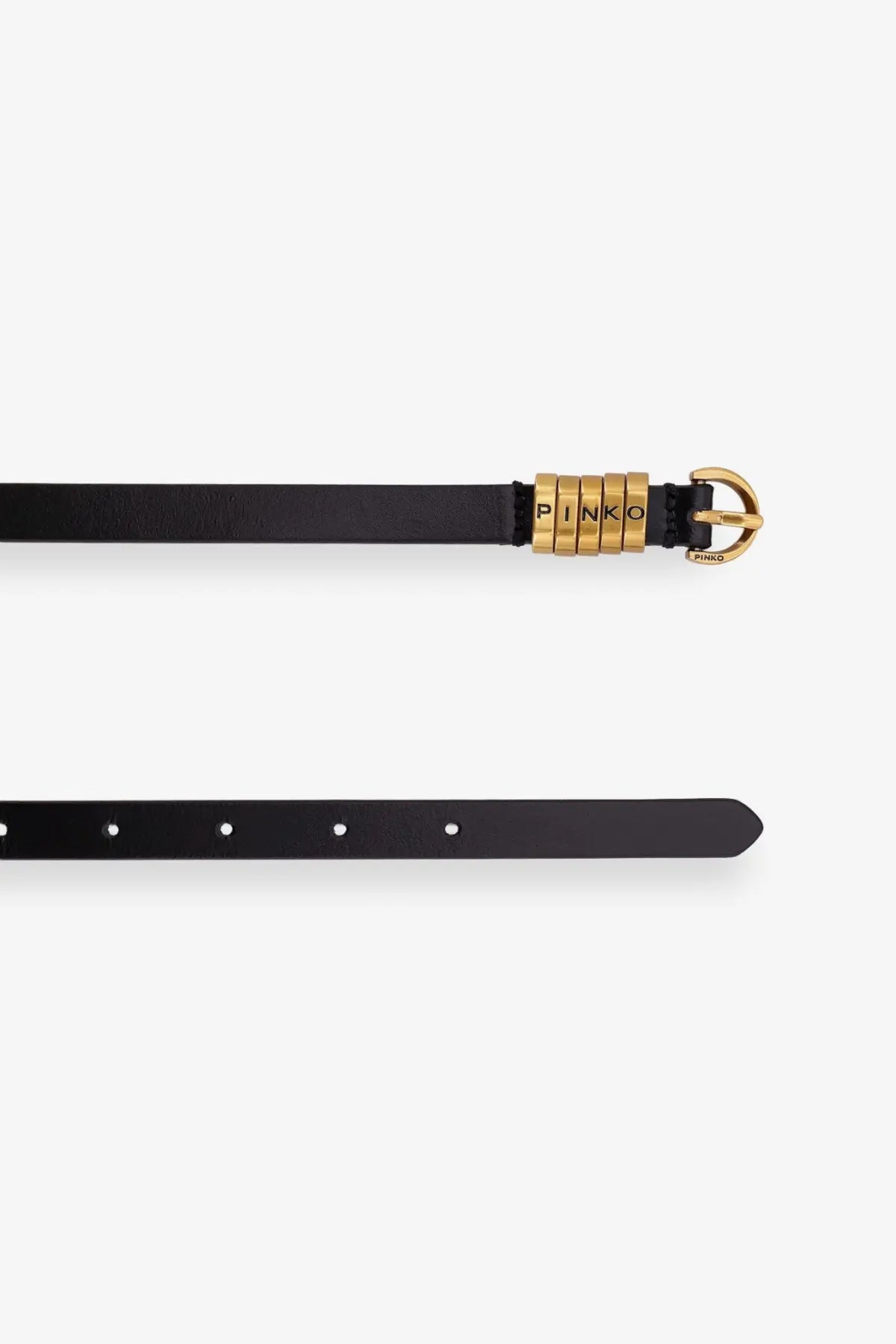Pinko women’s black leather belt with gold-tone buckle and Pinko brand name engraved on the locking mechanism