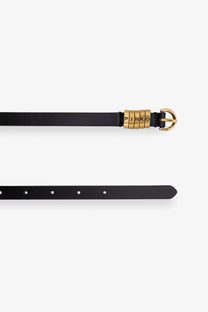 Pinko women’s black leather belt with gold-tone buckle and Pinko brand name engraved on the locking mechanism