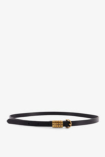 Pinko women’s black leather belt with gold-tone buckle featuring the brand name engraved on cylindrical segments