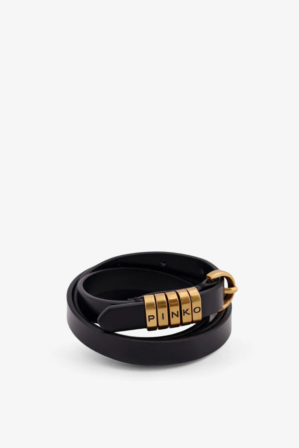 Black leather belt for women by Pinko with gold-tone combination lock engraved with brand name on dials