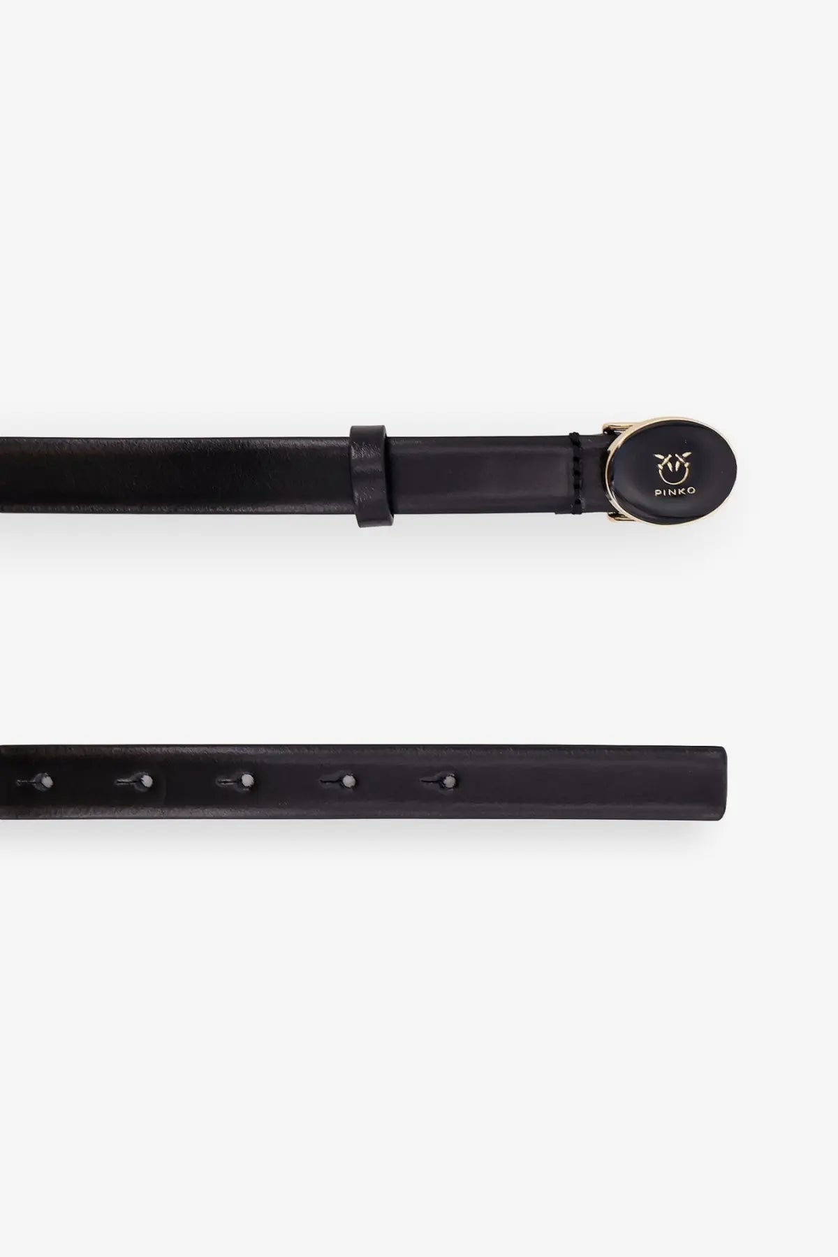 Pinko womens black leather belt with gold toned oval buckle featuring the Pinko logo