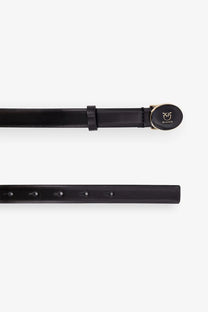 Pinko womens black leather belt with gold toned oval buckle featuring the Pinko logo