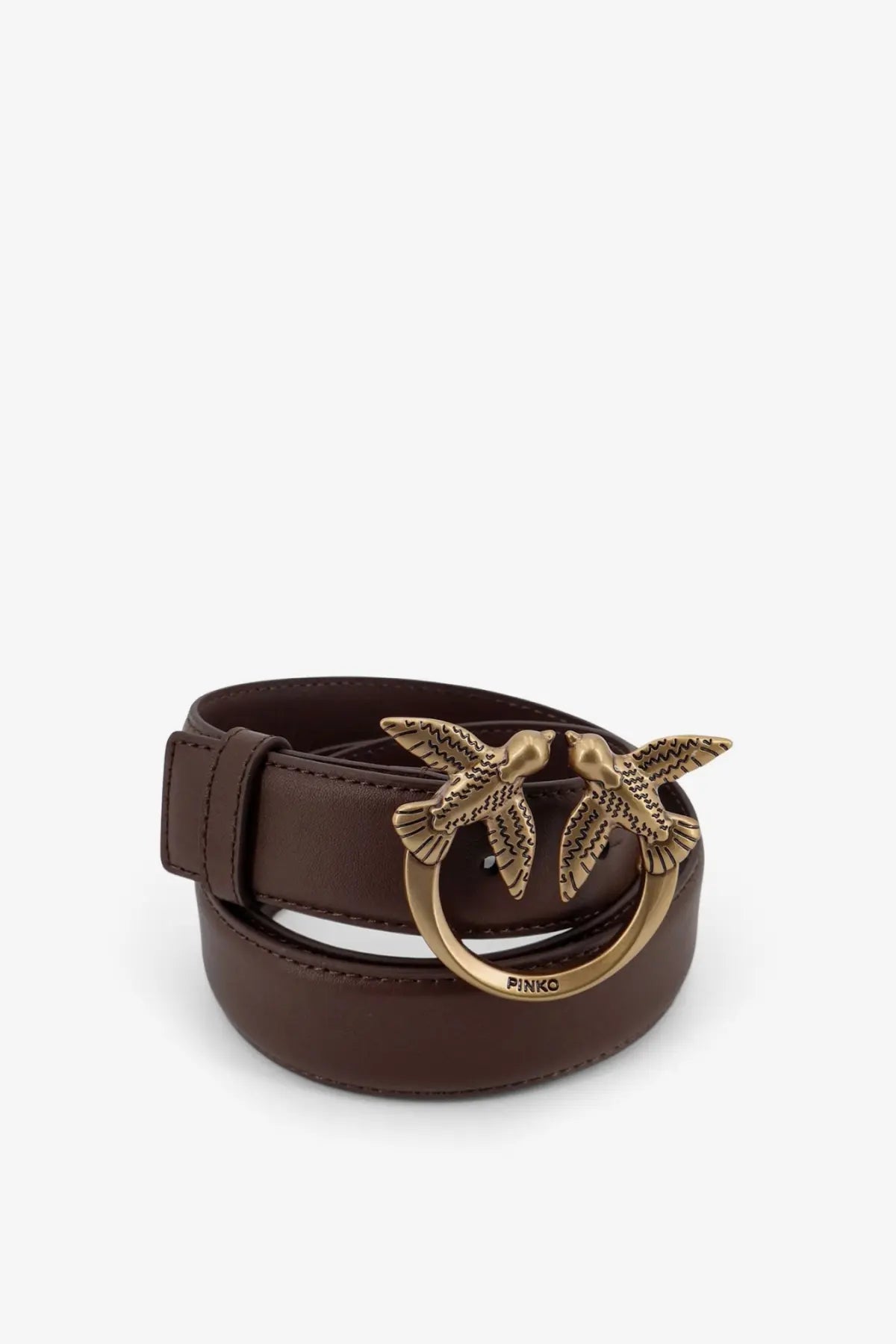 Pinko women’s brown leather belt with gold-tone buckle featuring two intricately detailed birds in flight