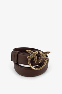 Pinko women’s brown leather belt with gold-tone buckle featuring two intricately detailed birds in flight