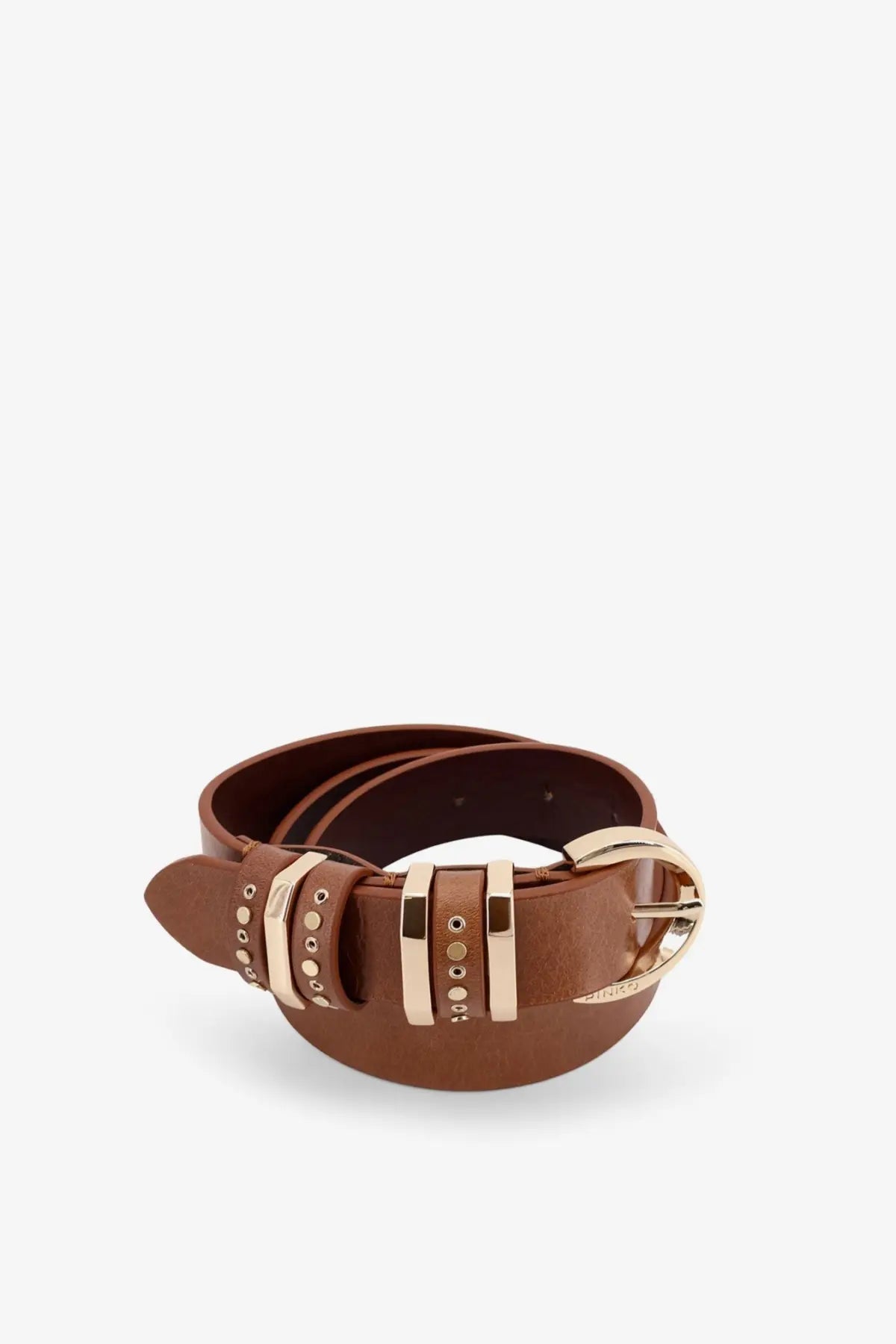 Pinko women’s leather belt brown with gold-tone buckle and decorative metal accents in brown leather material