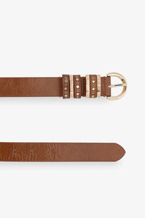 Pinko women’s brown leather belt with gold-tone buckle and decorative studded straps