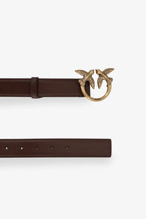 Pinko women’s brown leather belt with gold-tone buckle featuring two interlocking bird designs