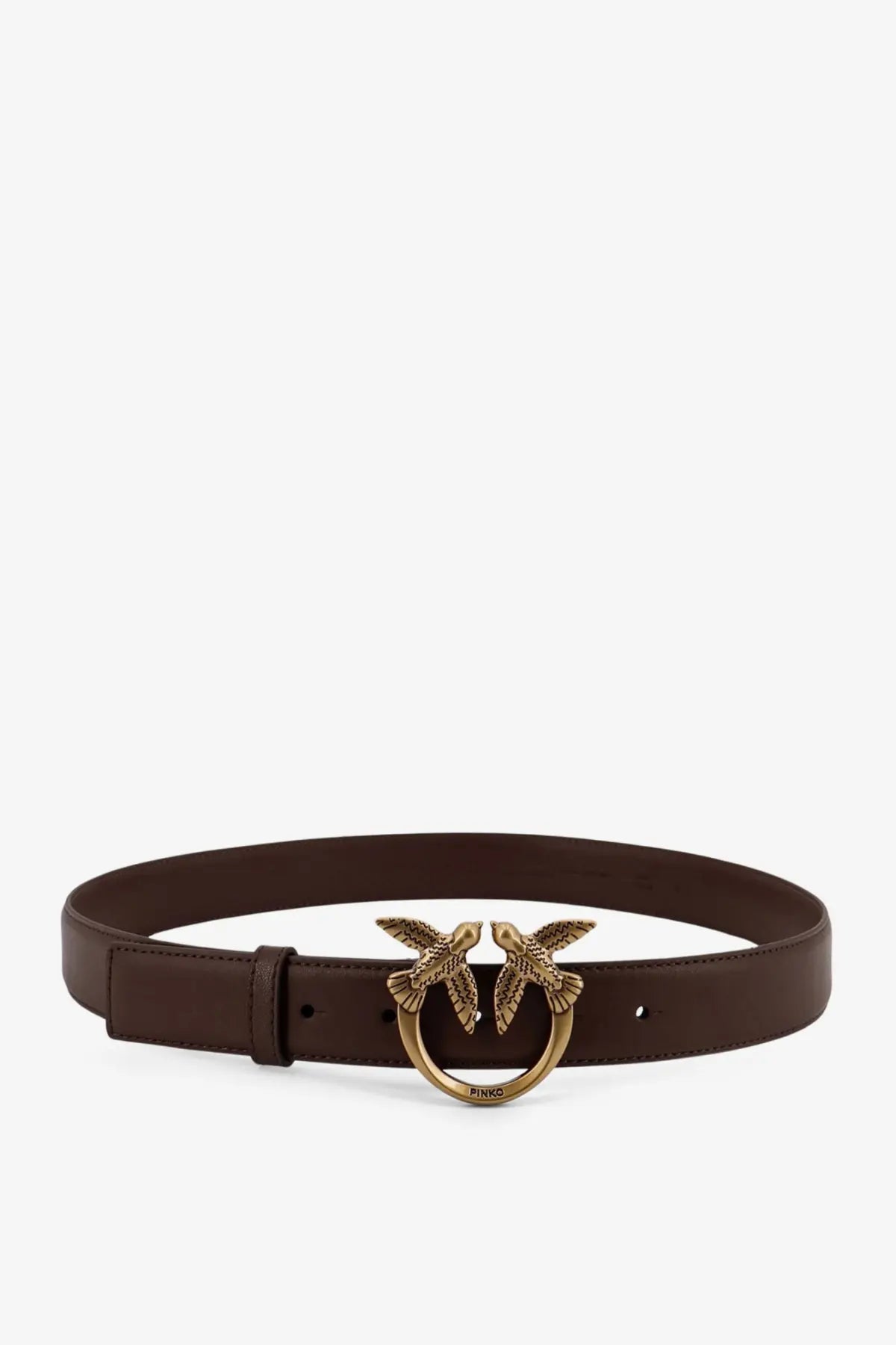 Pinko women’s brown leather belt with gold-tone buckle featuring two intertwined bird designs