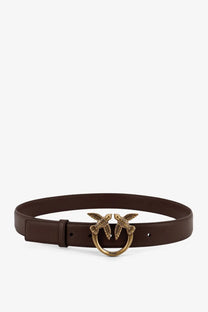 Pinko women’s brown leather belt with gold-tone buckle featuring two intertwined bird designs