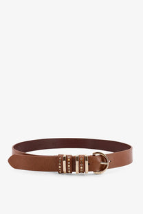 Pinko women’s brown leather belt with gold toned buckle and decorative studded metal plates
