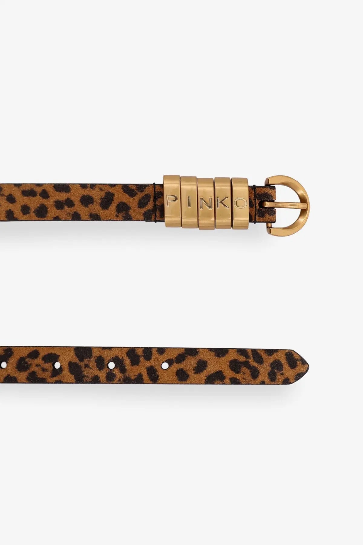 Pinko women’s leather belt with leopard print pattern, gold-tone buckle, and decorative engraved brand links