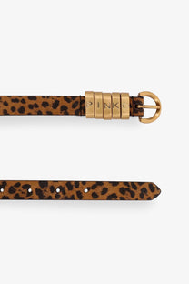 Pinko women’s leather belt with leopard print pattern, gold-tone buckle, and decorative engraved brand links