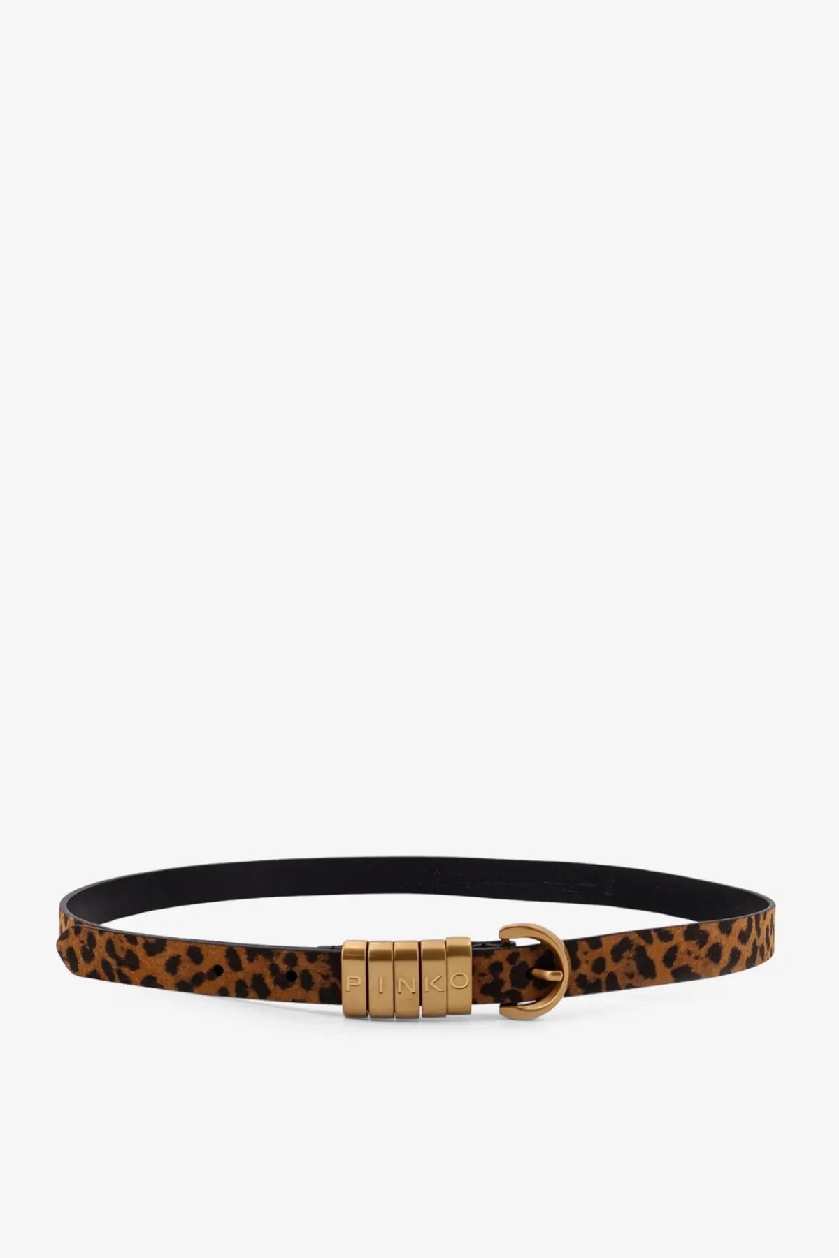 Leopard print leather belt with gold tone buckle and Pinko branding for women