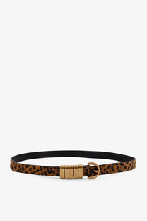 Leopard print leather belt with gold tone buckle and Pinko branding for women
