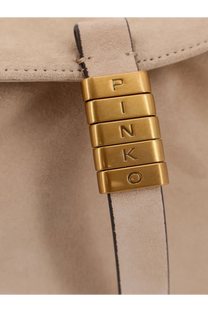 Pinko women’s leather shoulder bag beige with gold-tone rectangular lettered clasp on light beige suede strap
