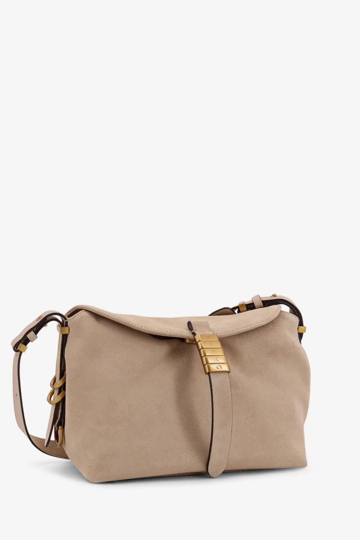 Pinko women’s leather shoulder bag beige with beige suede crossbody design gold-tone hardware and flap closure