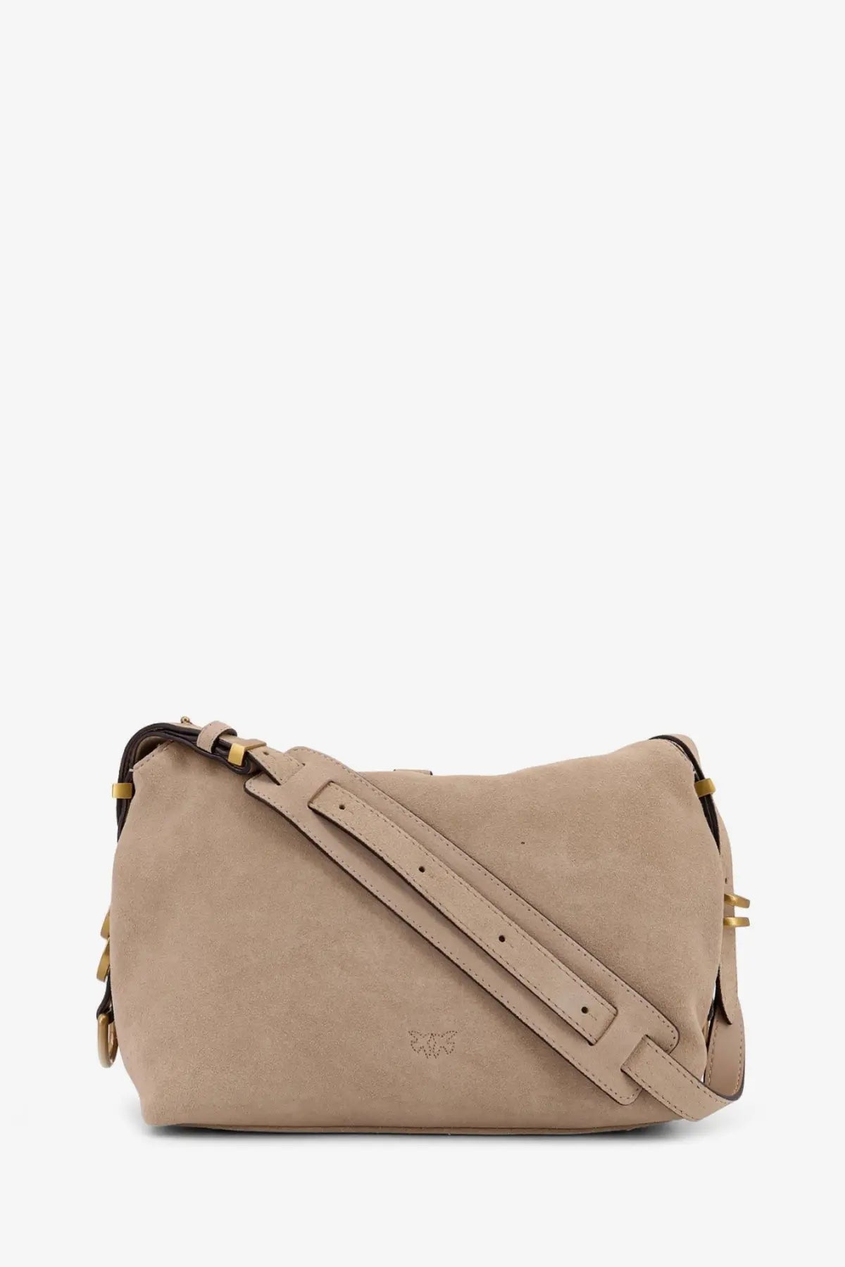 Pinko women’s leather shoulder bag in beige suede with gold-tone hardware and subtle embroidered logo crossbody style