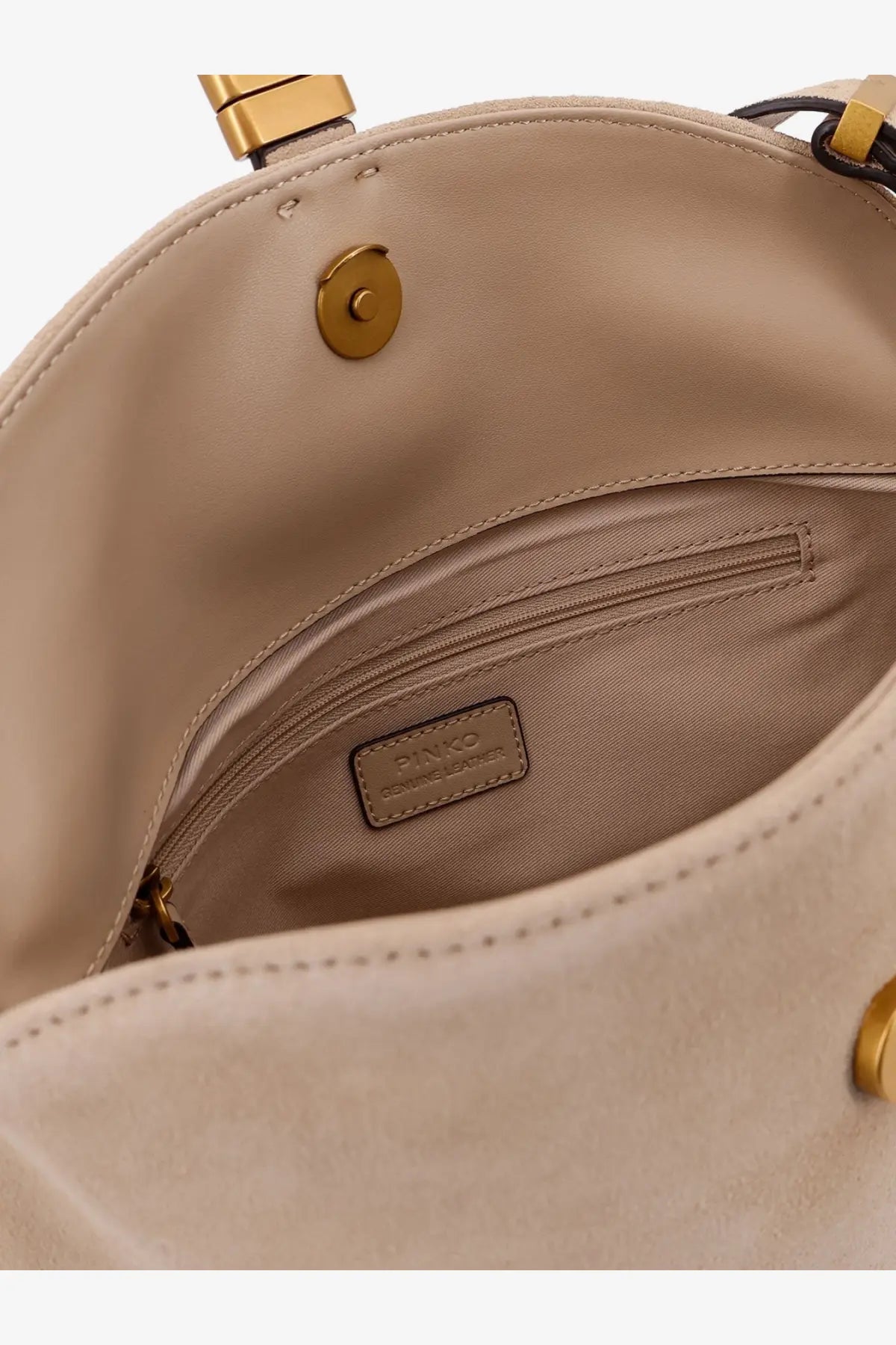 Beige leather shoulder bag by Pinko featuring suede material gold-tone hardware and a branded leather patch