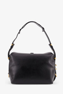Pinko women’s leather shoulder bag black featuring a black leather hobo design with gold tone hardware accents